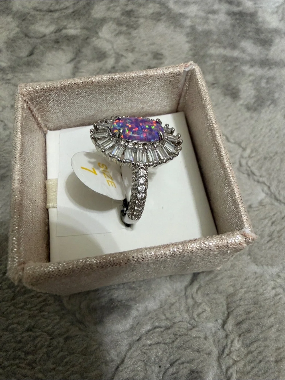 Silver Ring with Pink Opal Center and Halo Accents